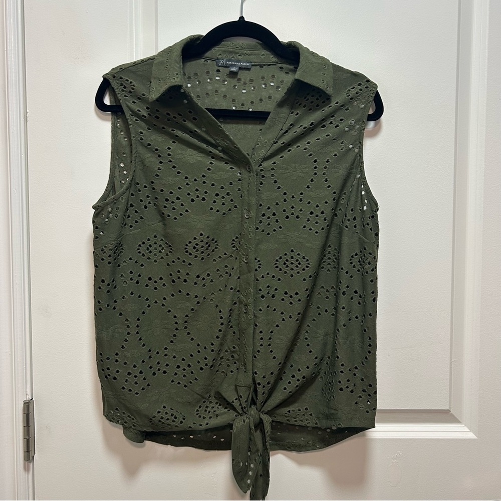 Adrianna Papell Olive Eyelet Tie-Front Sleeveless Top